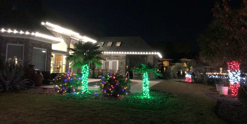 Warm white roofline lights with green-wrapped palms in the front yard