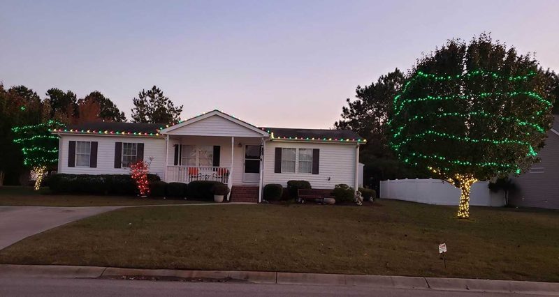 Home with warm white roofline lights and a green-wrapped tree