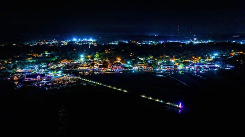 Aerial view of the Murrells Inlet waterfront lit for the holidays